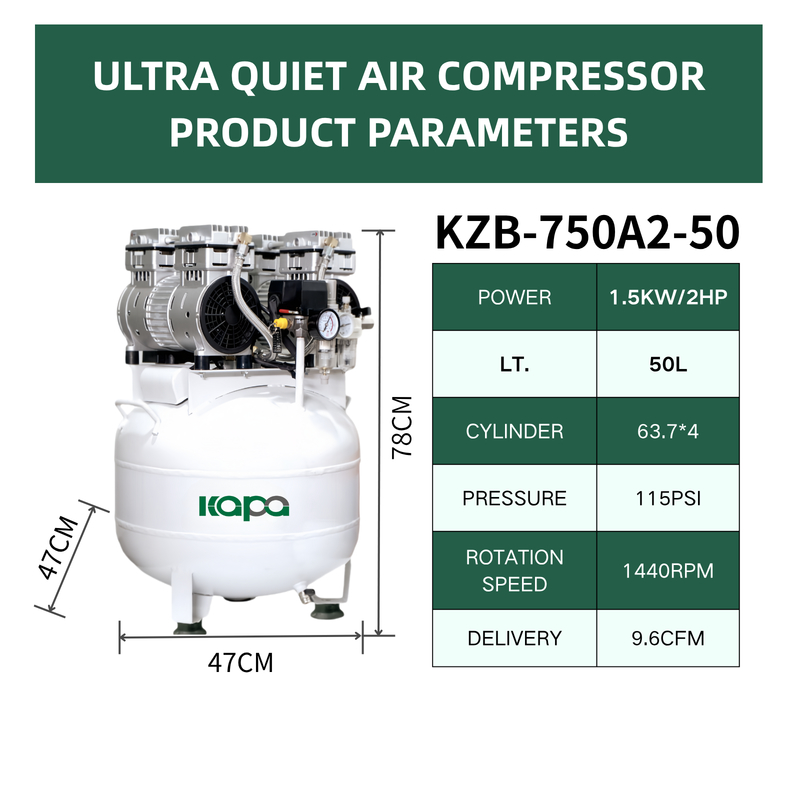 Silent Piston 2HP Oil Free Air Compressor 8bar  270 L/min W/ 50L Steel Tank